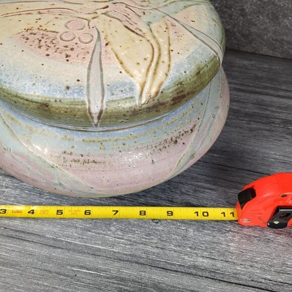 Vintage Artist Signed Pottery Large Stoneware Bowl w Lid Abstract Pastel Glaze - Picture 7 of 14